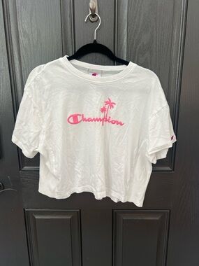 Champion White Cropped Tee with Pink Logo and Palm Tree
